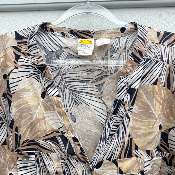 C&C California Linen Top Women XL Leaf Print Neutral Multi Button Front Resort - Picture 5 of 15